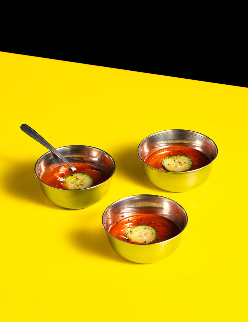 Smoked Garlic Tomato Gazpacho with Pickled Cucumber and Lemon Oil