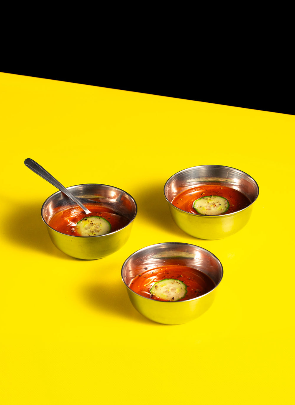 Smoked Garlic Tomato Gazpacho with Pickled Cucumber and Lemon Oil